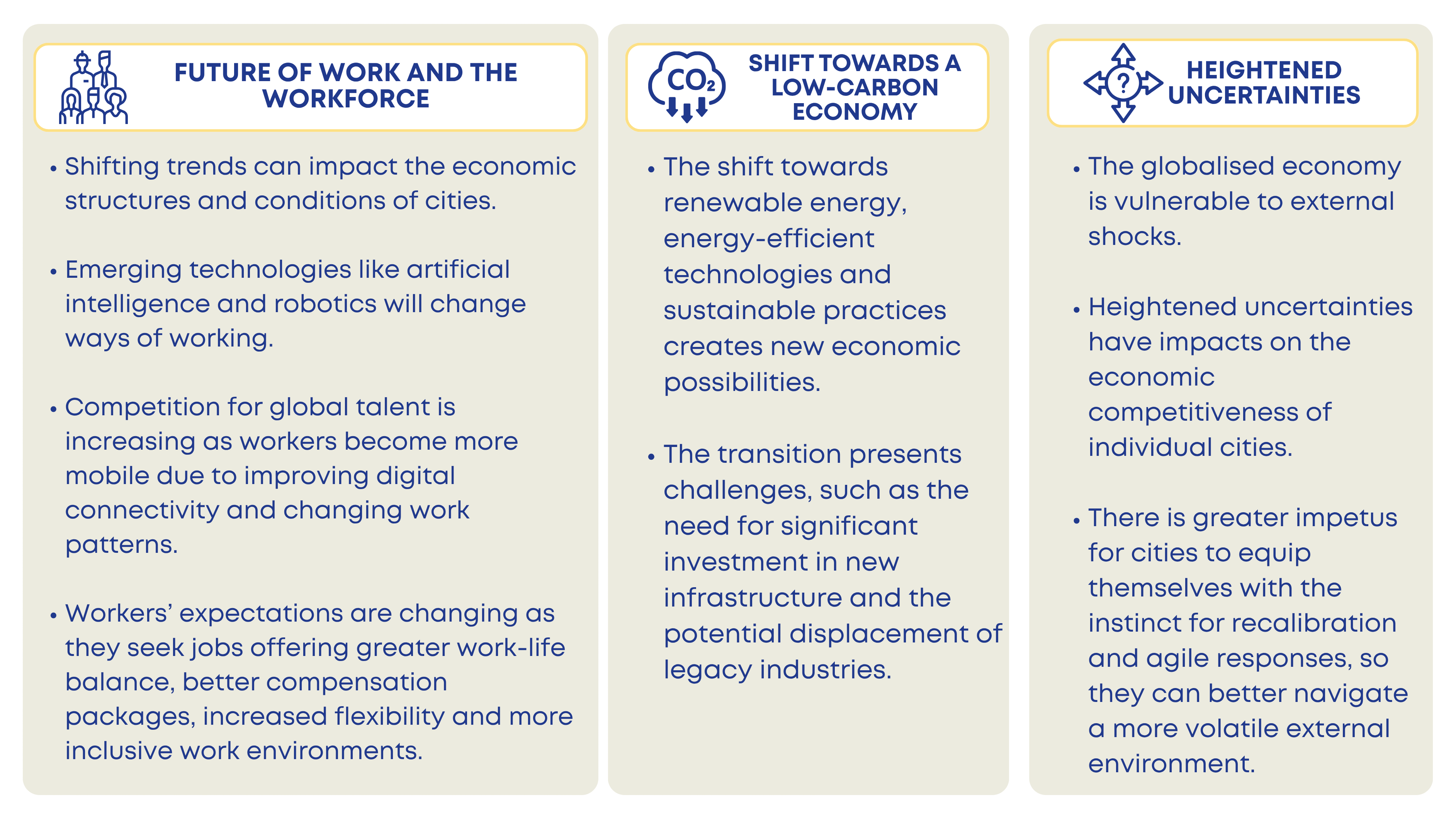 Future of work and the workforce, shift towards a low-carbon economy, heightened uncertainties.